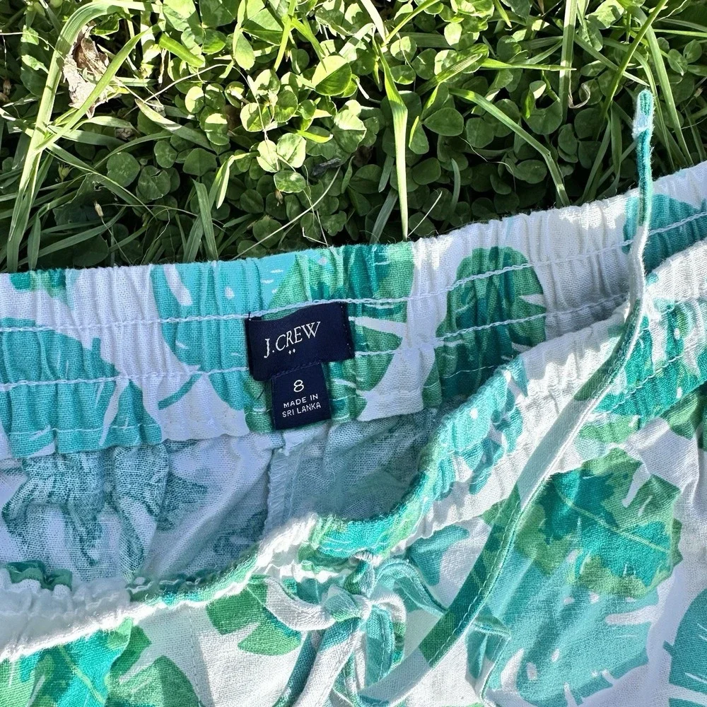 J Crew Jogger Pants Women Green White Linen Forrestal Leaf Art Sz‎ 8 (medium)